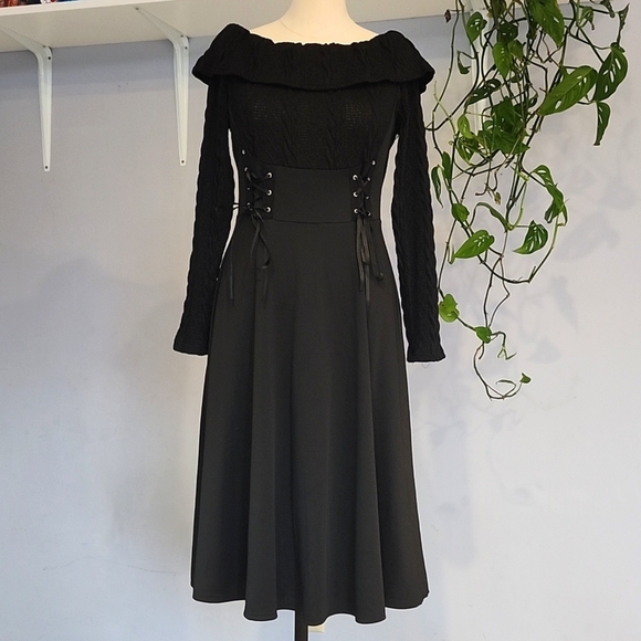 Black Gothic Corset Tie Off Shoulder Long Sleeve Sweater Dress S Whimsigoth - Picture 2 of 11